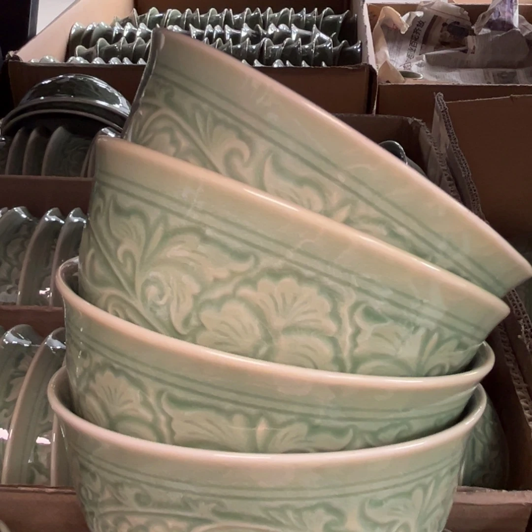 瓷微瑕 橄榄绿 5.5 英寸宫廷牡丹碗 4 只