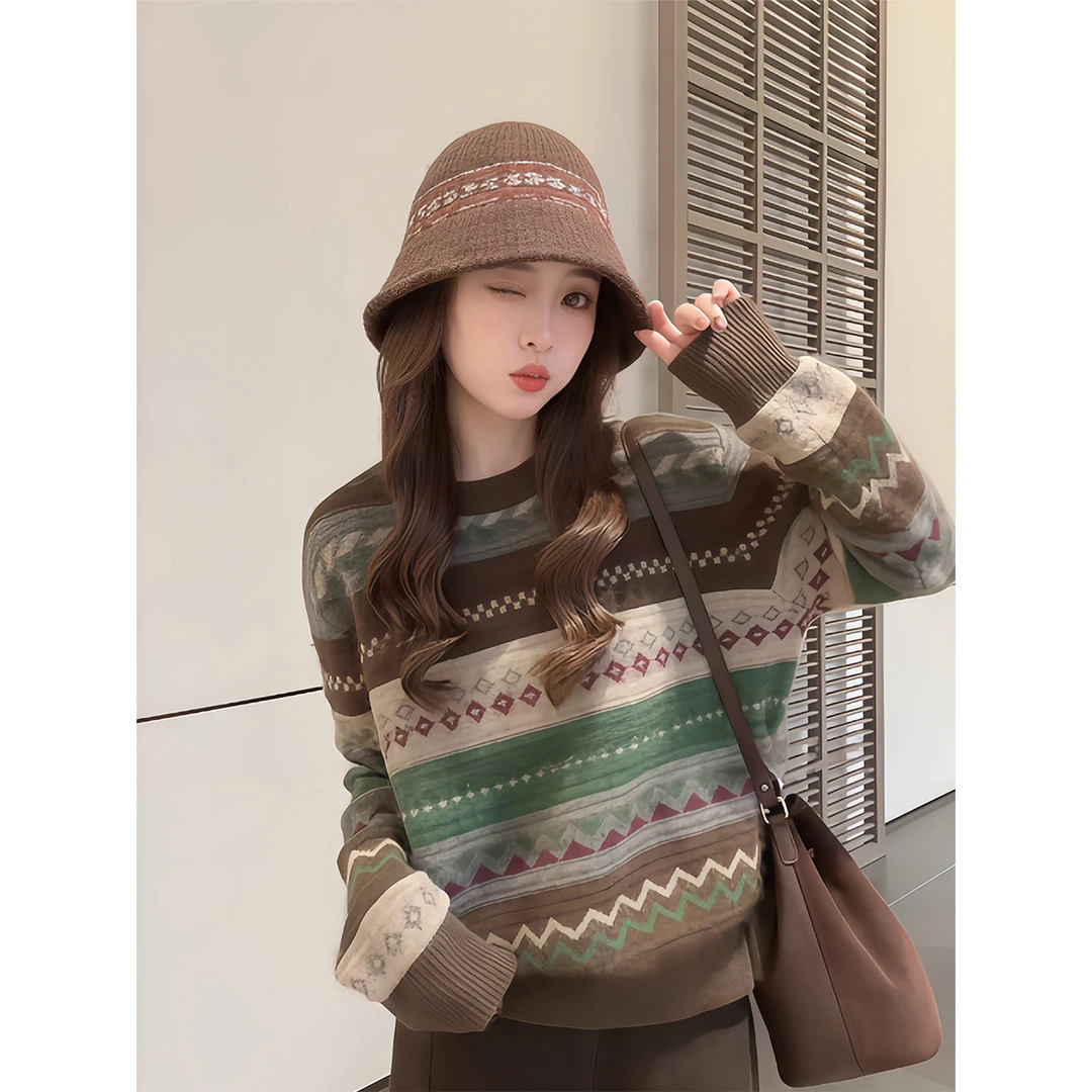 美式复古慵懒风长袖圆领撞色打底毛衣女秋冬新款宽松显瘦百搭上衣