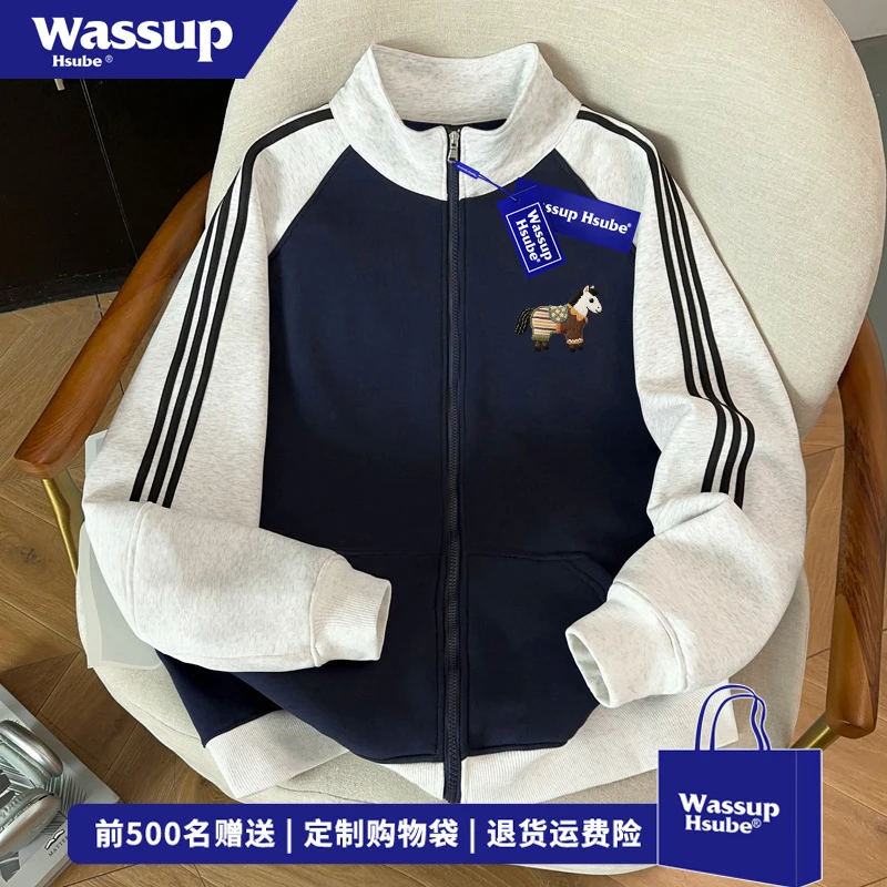 WASSUP HSUBE创意卡通小马印花开衫卫衣男女秋冬设计感三条杠外套