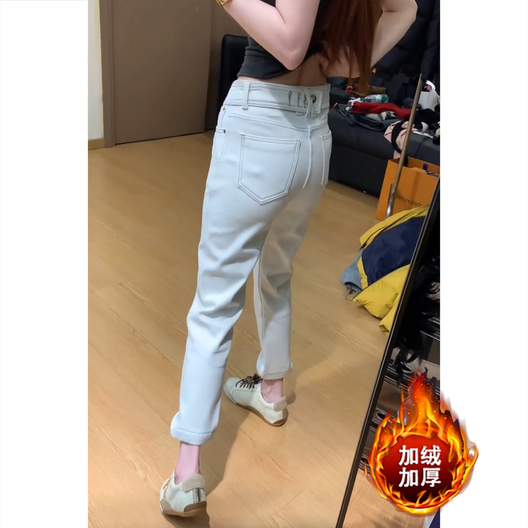 艾塔莉加绒加厚保暖烟管裤显瘦百搭牛仔裤子冬季新款小脚直筒裤女