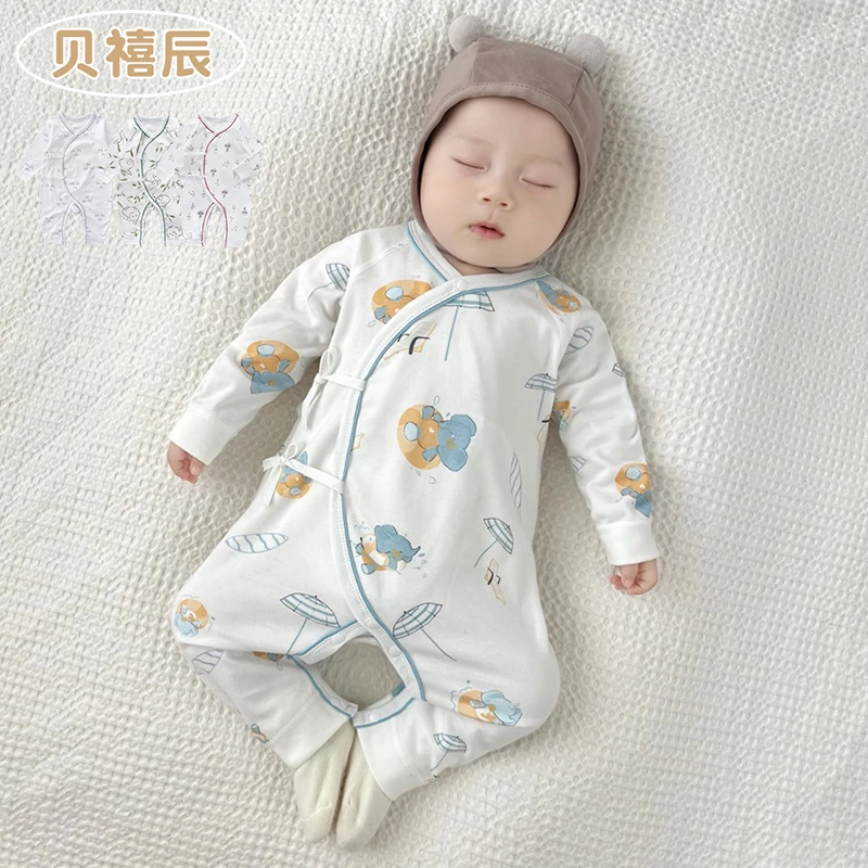 四季款新生儿纯棉春秋冬长袖系带婴幼儿衣服宝宝蝴蝶衣婴儿连体衣