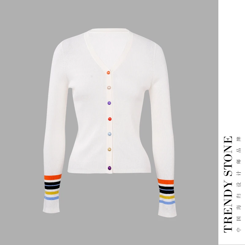 潮石25新款彩色扣羊毛V领时尚显瘦百搭羊毛开衫T71819160