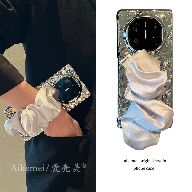 适用华为mateX6折叠屏手机壳MateX5典藏版电镀褶皱matex3丝巾腕带