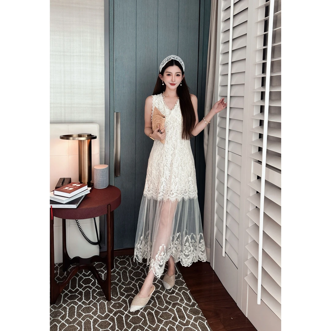 GUIDI GUDI【牛奶泡芙】蕾丝薄纱吊带连衣裙/黄加蓝