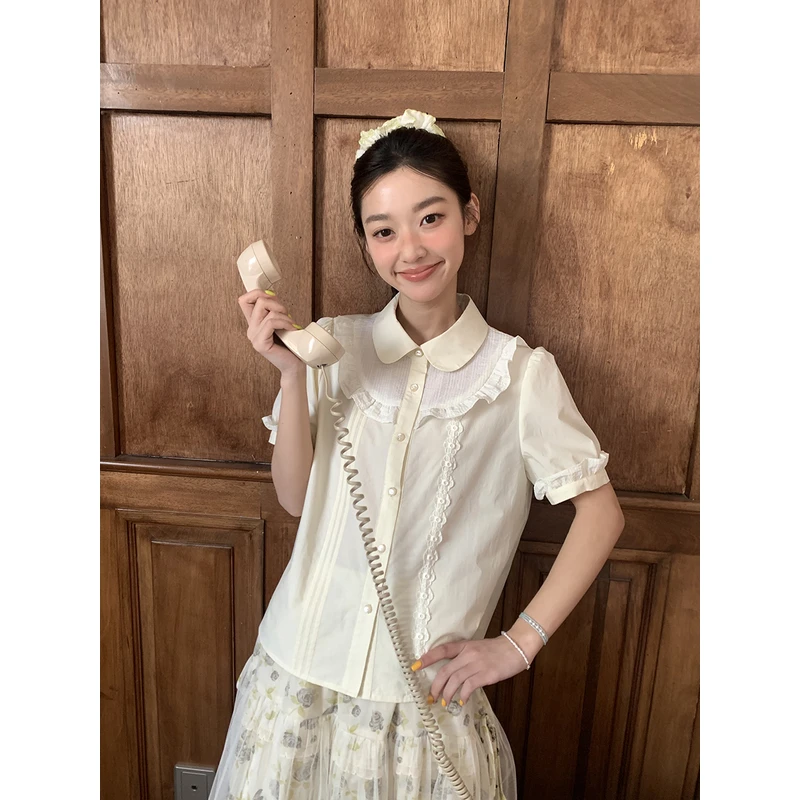 Jiang jam/姜姜姜酱少女娃娃领不对称花边设计感衬衣