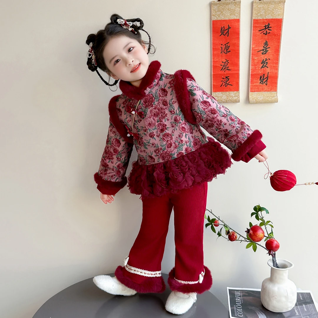 女童年服2025新款爆款洋气中国风套装女宝宝加绒加厚新中式拜年服
