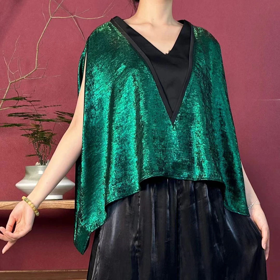 【大海轻奢】S1712新款绿色烫金百搭宽松夏季设计师款时尚上衣