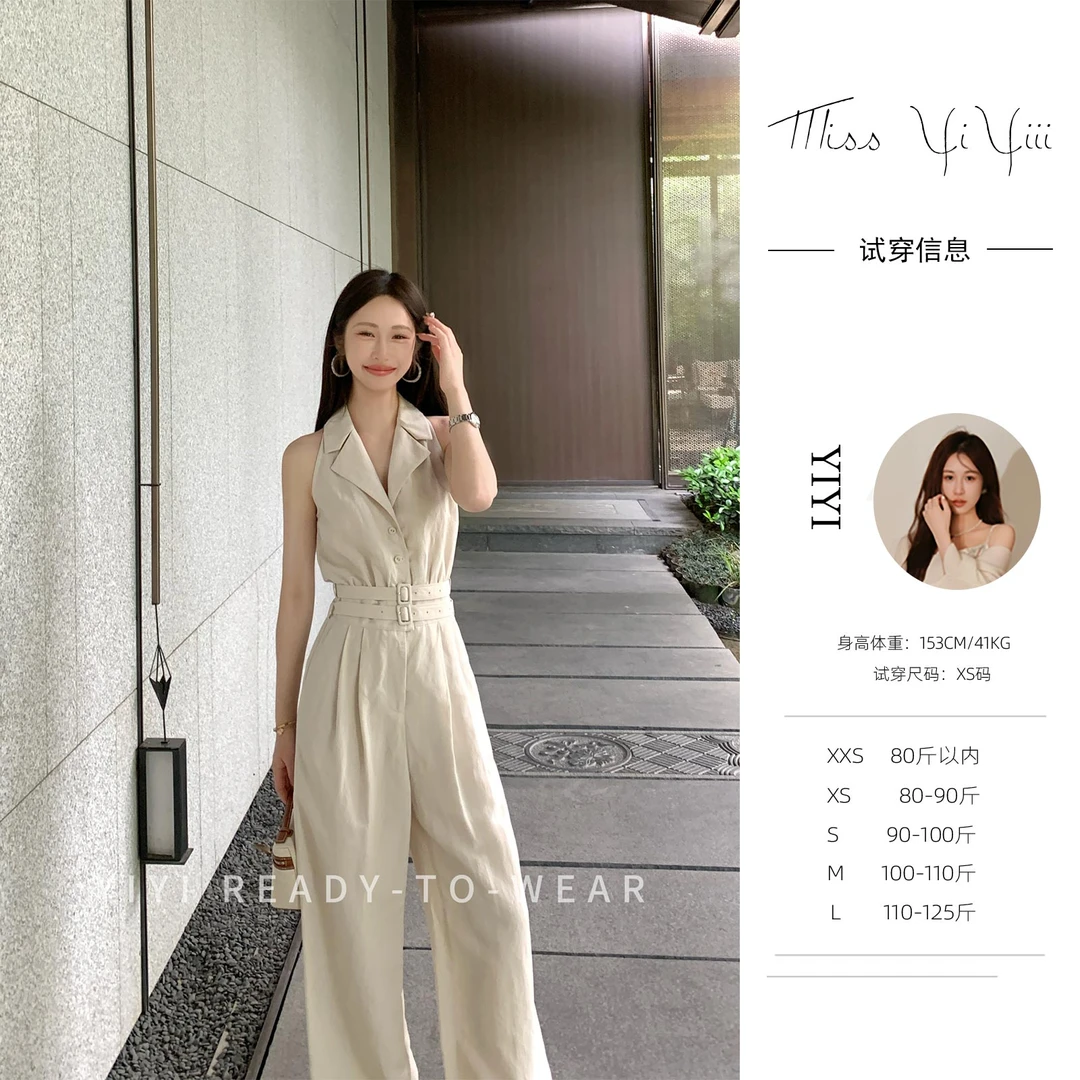 【华尓街头】<YiYiii>复古平驳领高腰连体裤小个子无袖显瘦阔腿裤