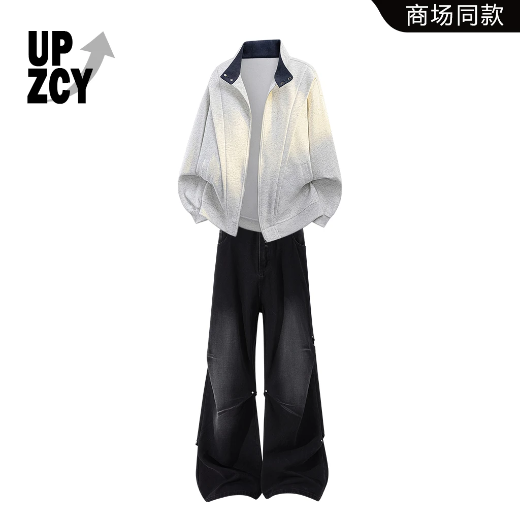 UPZCY美式休闲简约风卫衣男士冬季套装宽松百搭慵懒风牛仔裤男装