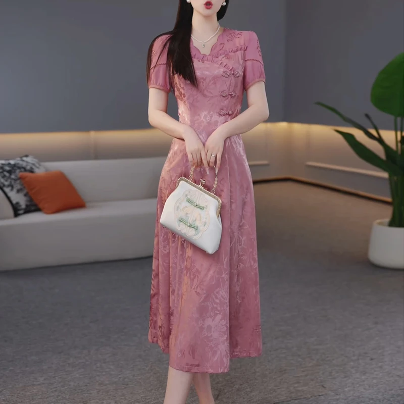 新中式复古花色修身连衣裙2025年夏季新款高端收腰显瘦中长款裙子