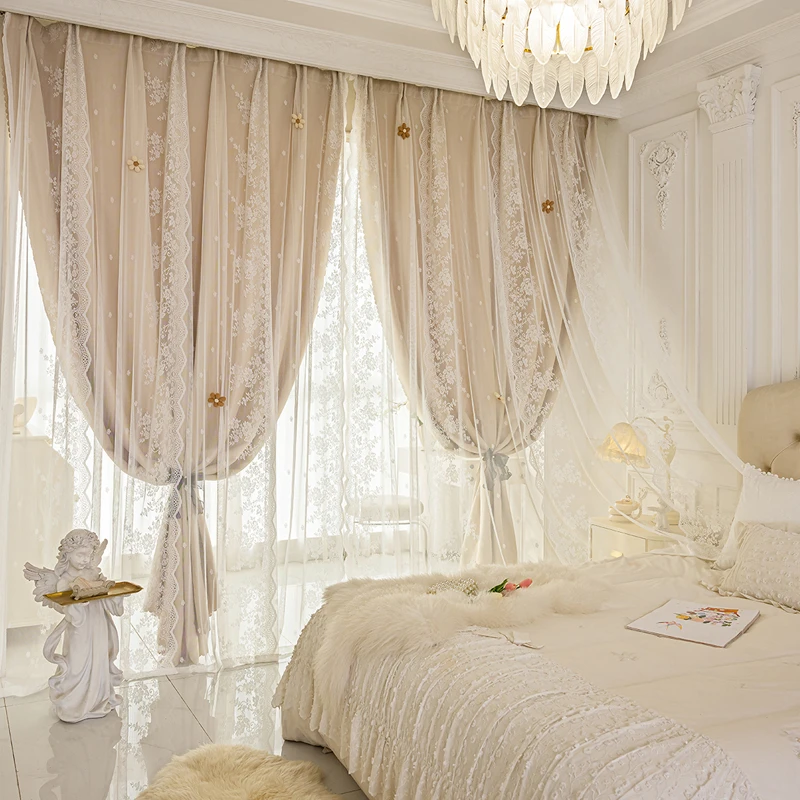 双层遮光窗帘纱布一体公主风法式2025新款免打孔遮阳窗帘卧室窗帘