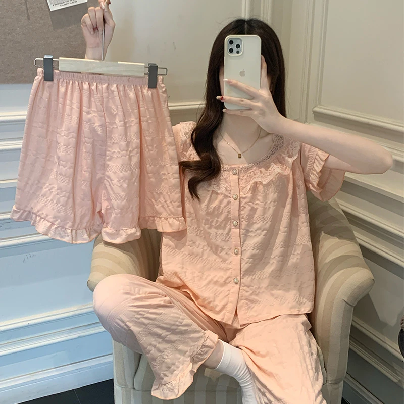 夏季带胸垫甜美公主风睡衣女士舒适三件套家居服