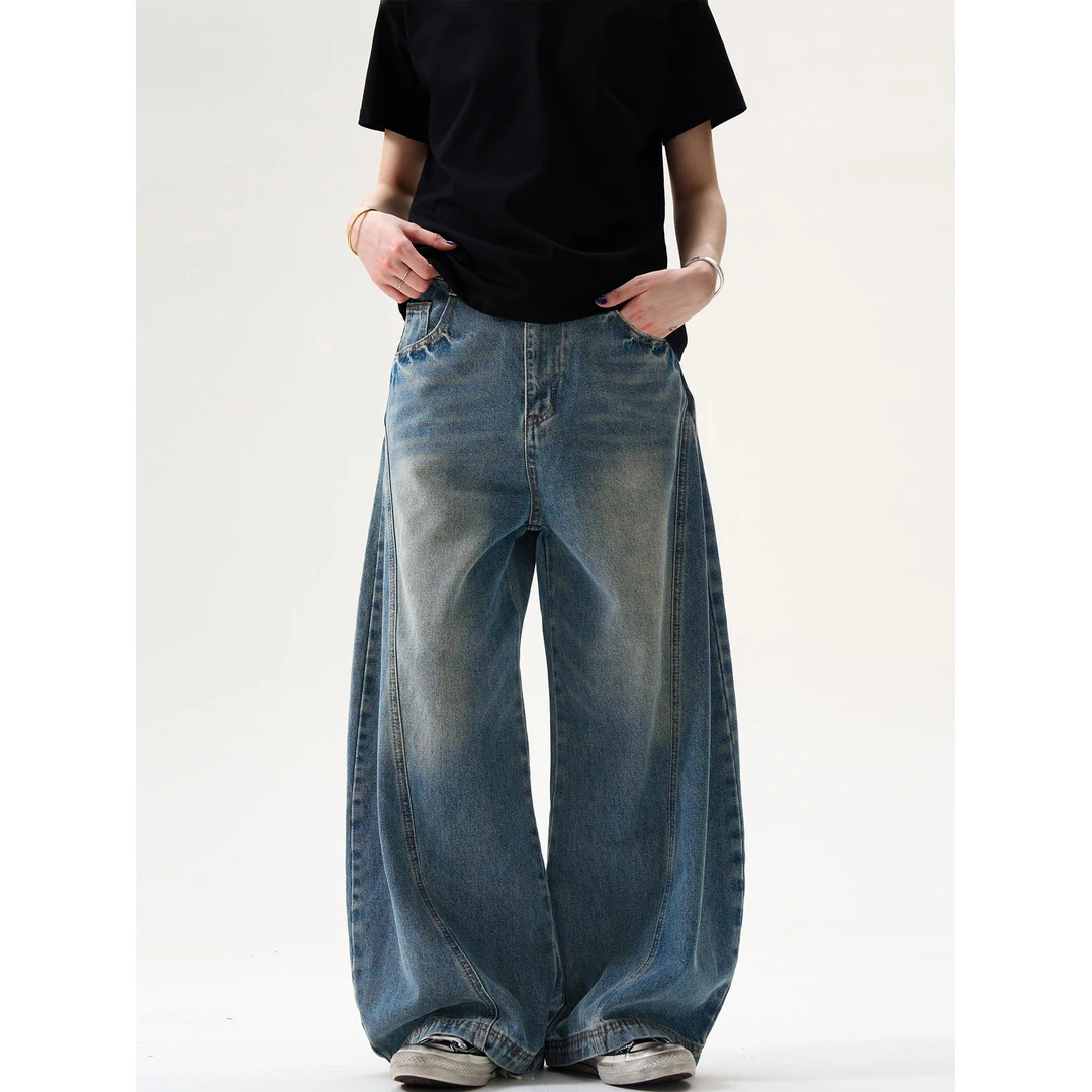 美式复古baggy阔腿牛仔裤男春秋季宽松休闲水洗做旧解构弯刀裤子