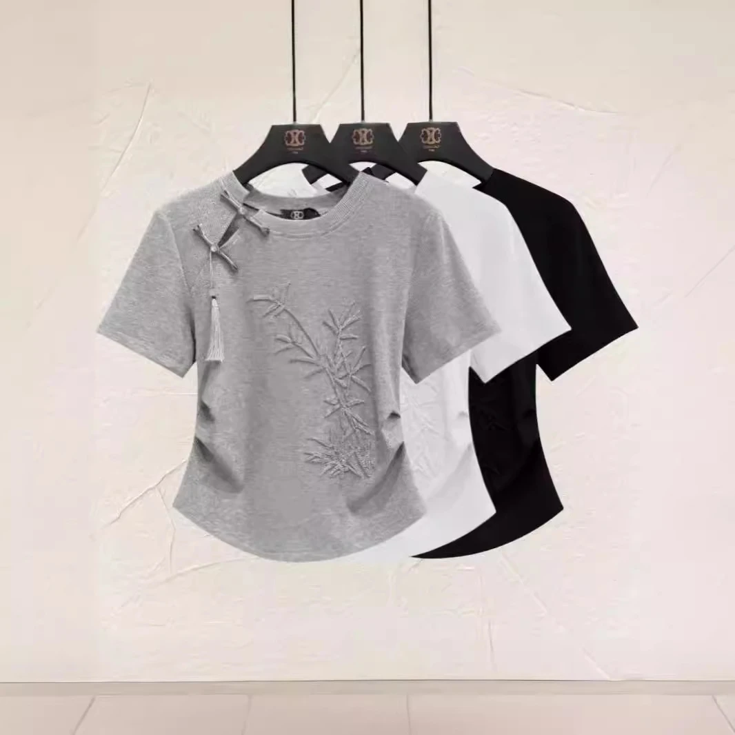 TAFN新中式国风刺绣盘扣t恤短袖女装夏季新款纯棉上衣别致漂亮小