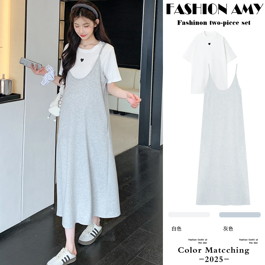 孕妇套装夏装新款时尚韩版休闲简约爱心短袖T恤显瘦吊带连衣裙子1