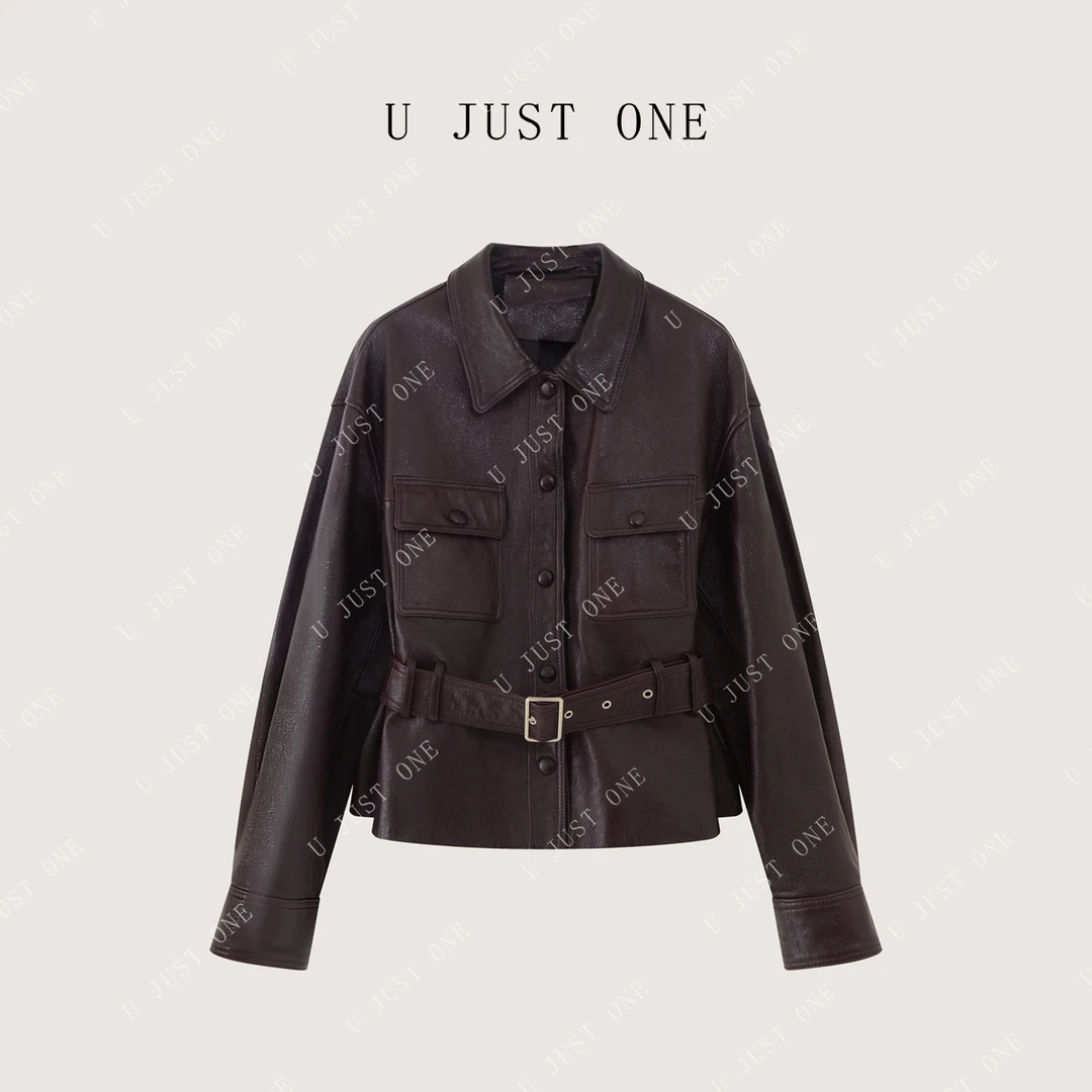 【U JUST ONE】复古黑色女短款立领皮衣时尚气质翻领皮夹克UJD52011