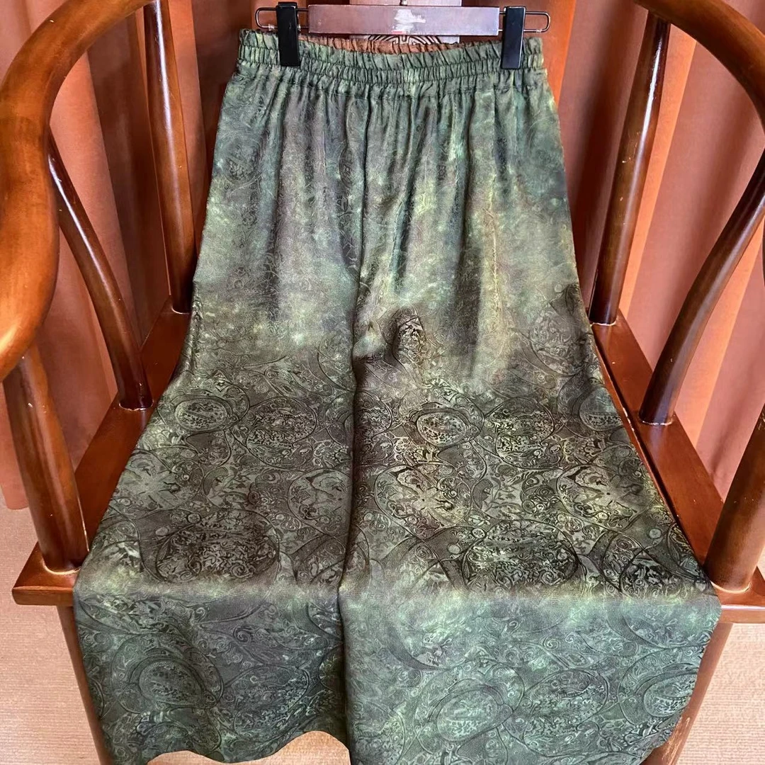 【轻曼时尚新中式刺绣扎染花色吸汗绿色透气国风中长裙休闲裙女士