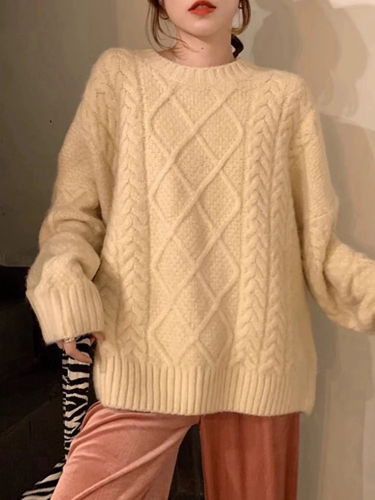 0304  Y80麻花毛衣女秋冬季外穿套头针织内搭宽松上衣慵懒风H5