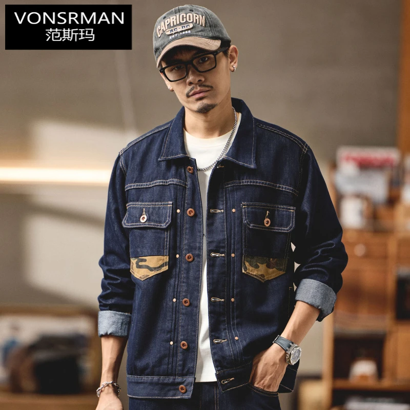 秋季新款复古迷彩拼接牛仔外套男士宽松工装休闲夹克高端褂子潮