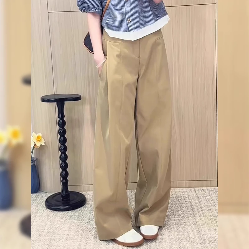 卡其色西装休闲裤女2025年夏季新款大码梨形身材高腰显瘦阔腿裤子