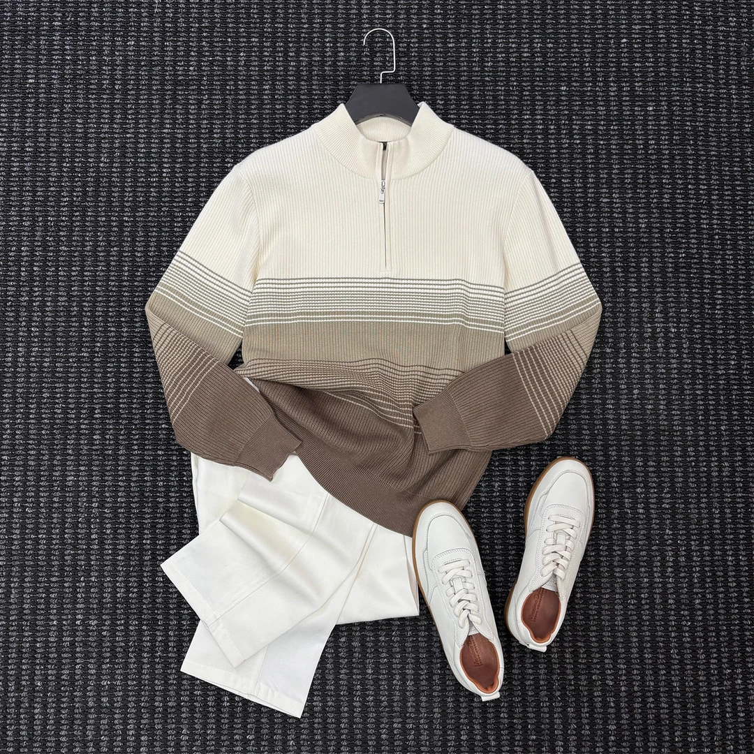 SHENGS半拉链小高领毛衣男士保暖秋冬季立领高级感渐变条纹针织衫