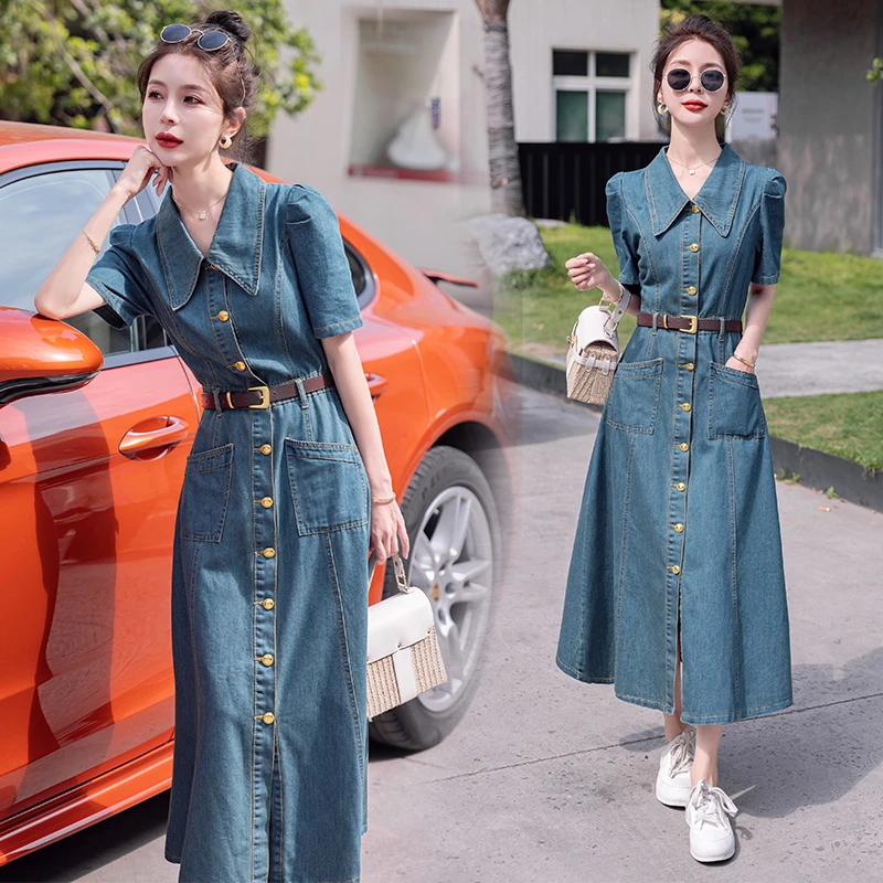 现货2025夏装新款复古翻领收腰薄牛仔连衣裙长裙配腰带复古牛仔