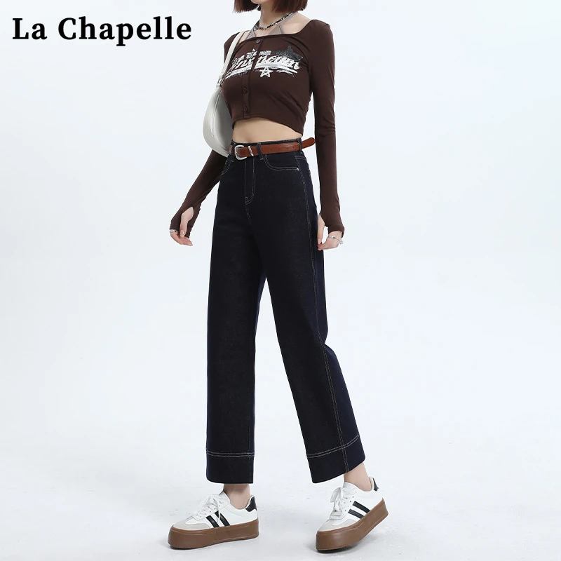 拉夏贝尔丹宁风高腰烟管裤直筒牛仔裤女爆款小个子宽松九分法棍裤