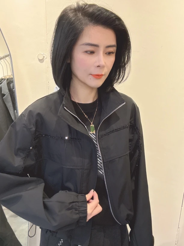 【娟子】春季新款立领抽绳夹克纯色长袖短外套