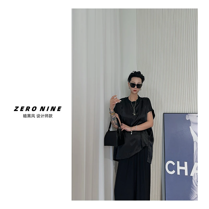 Dan Dan 黑色高级感法式短袖缎料衬衫女