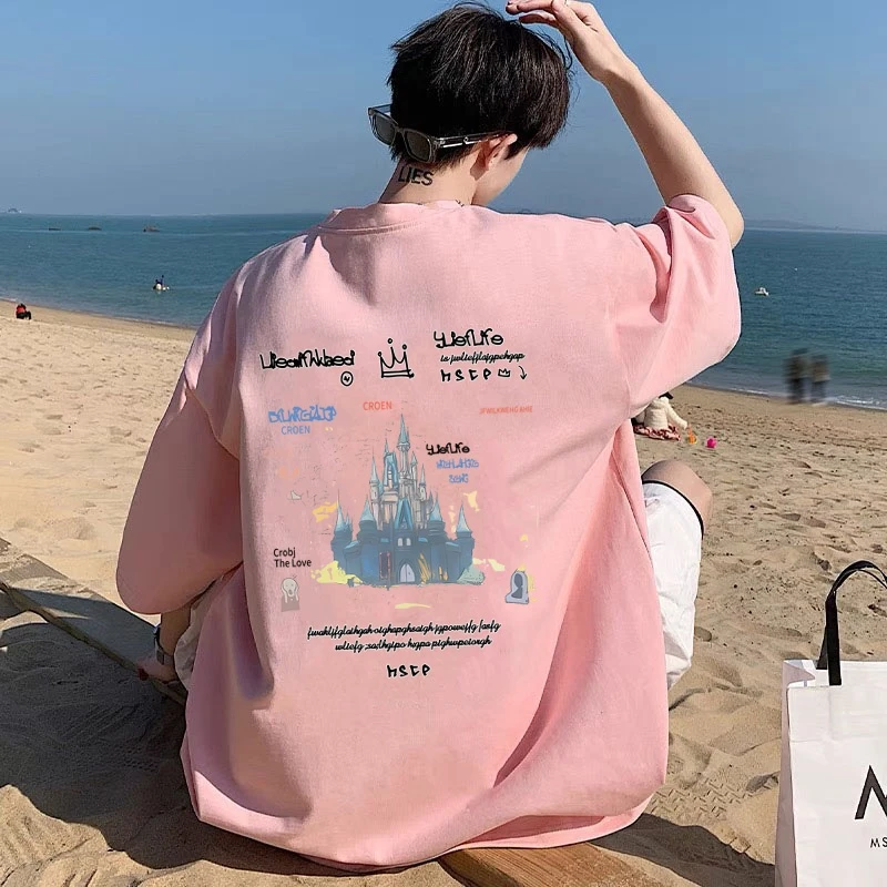 开学季纯棉短袖t恤男女同款宽松大码美式潮牌小众设计情侣装半袖