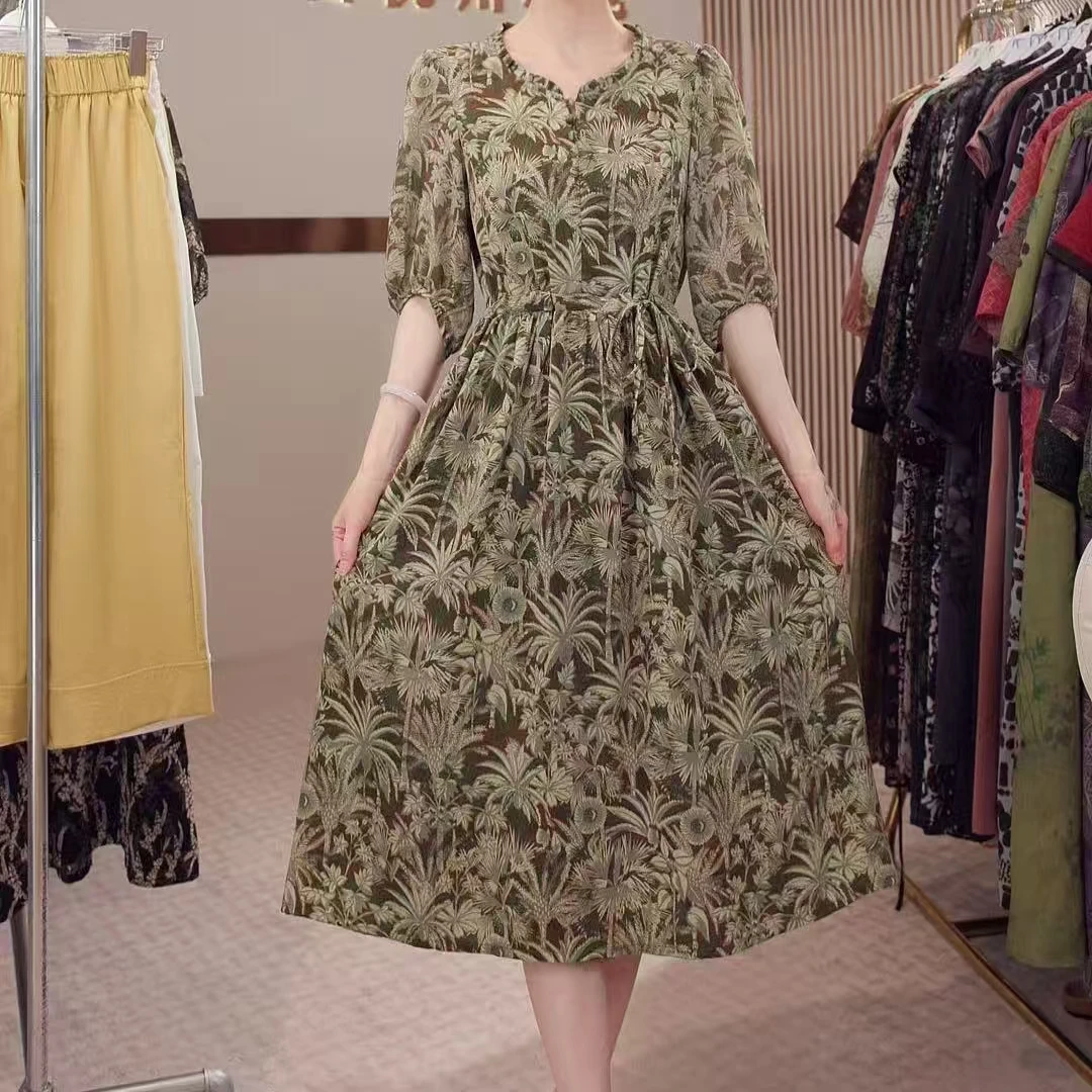 【黄小西】中长款修身百搭2025夏季浅绿碎花新款连衣裙-1