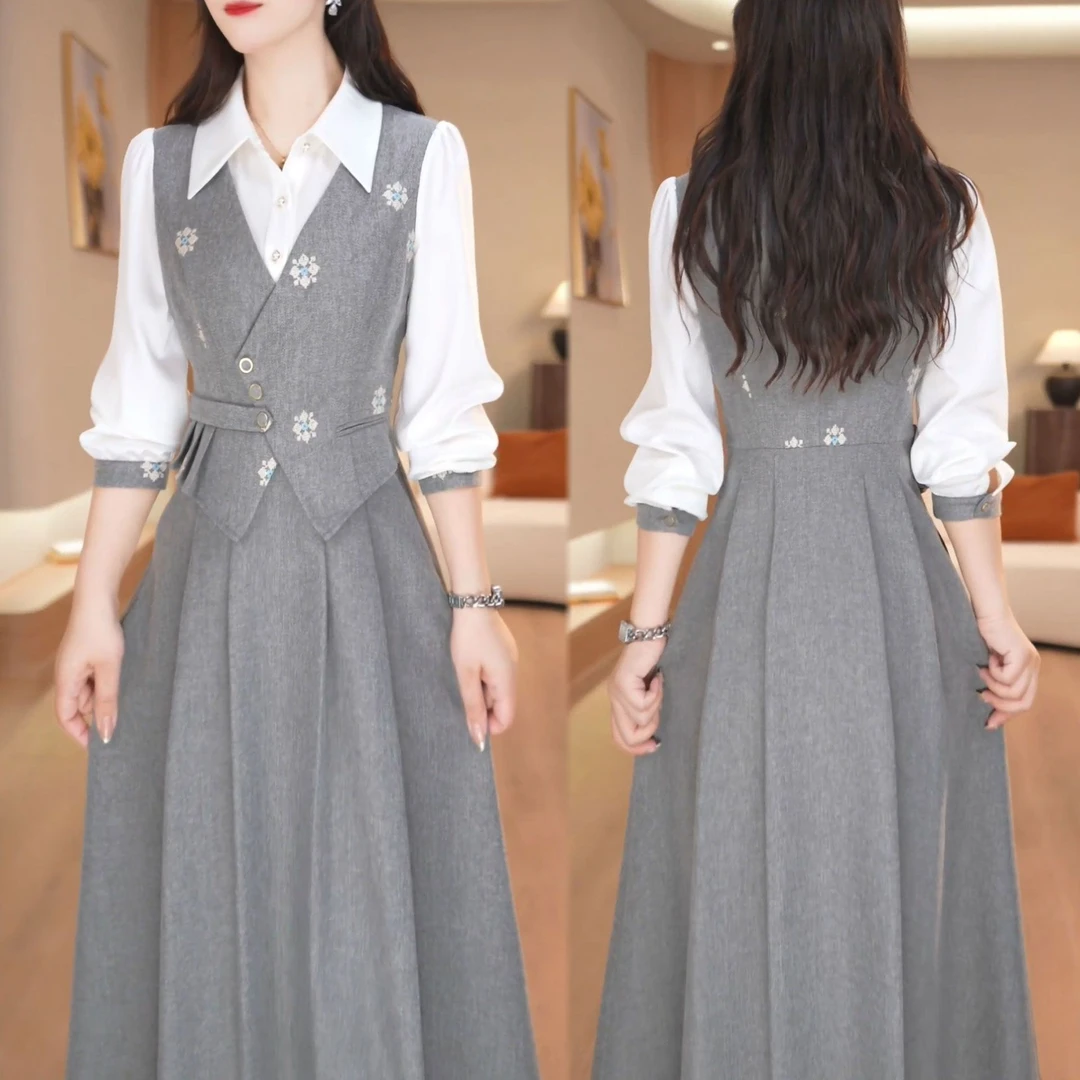 秋季新款小个子小香风收腰长袖优雅长裙假两件气质百搭通勤连衣裙