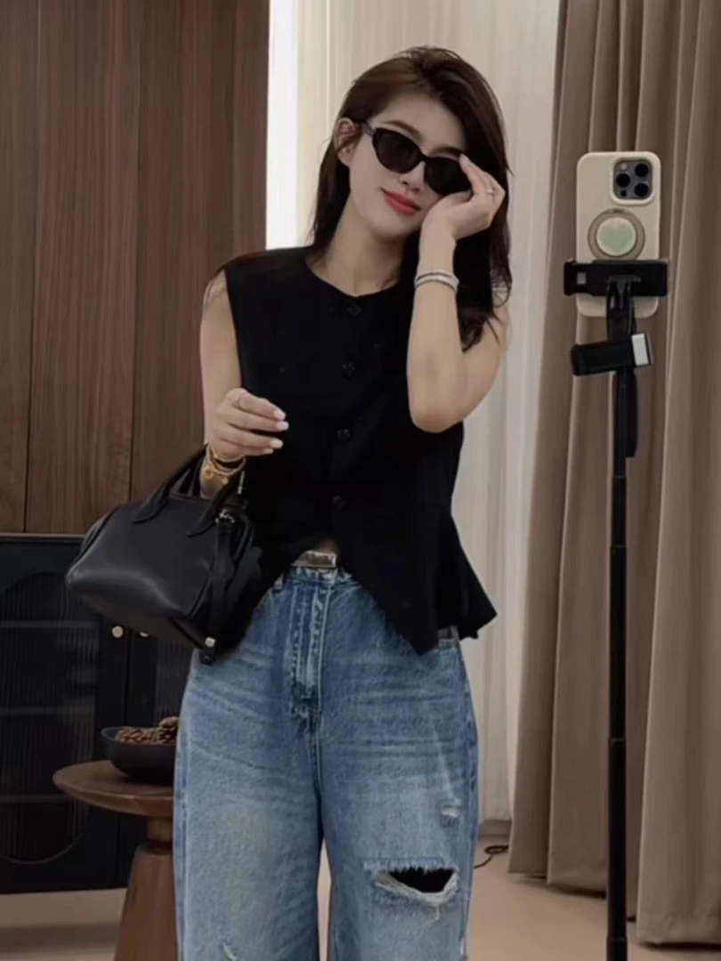 【OZZ—7339】拼接马甲无袖衬衫女夏季轻奢高级感减龄洋气背心上衣