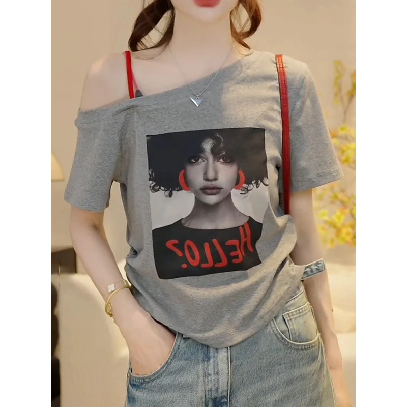 2025夏季新款欧美女孩印花斜领单肩T恤女设计感洋气百搭短袖上衣