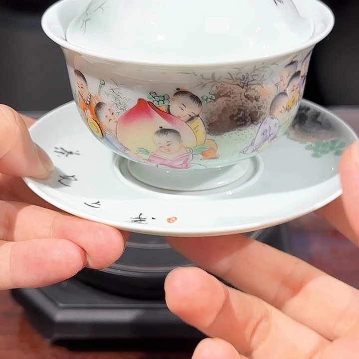 景德镇陶瓷艺术精品三才童子盖碗