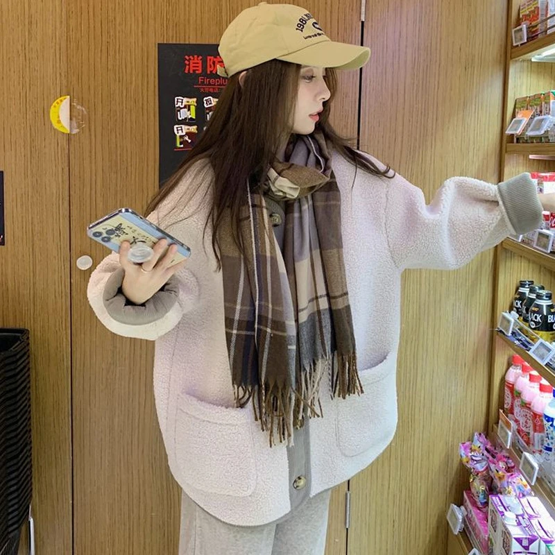 奶系穿搭外套女秋冬2025新款韩版仿羊羔毛加厚宽松中长款长袖上衣