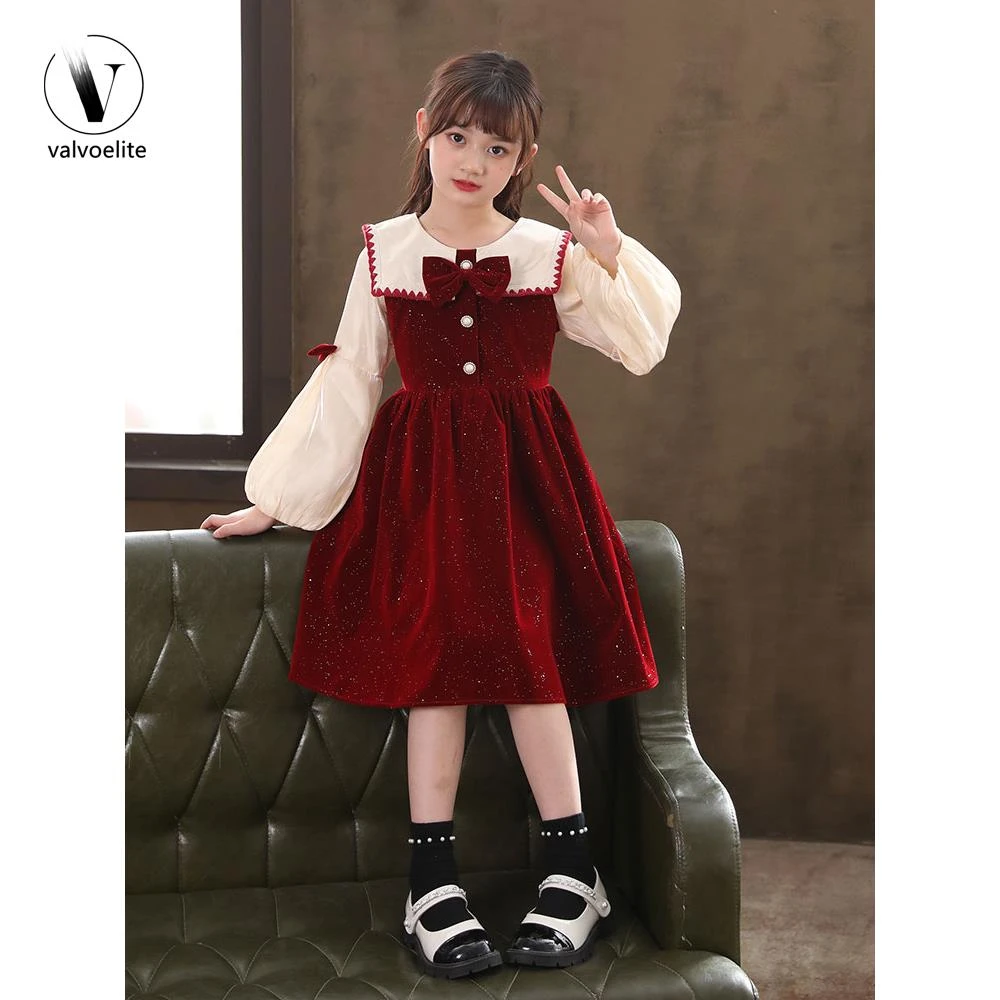 VALVOELITE女童连衣裙春秋2025新款洋气公主裙中大童红色灯笼袖裙