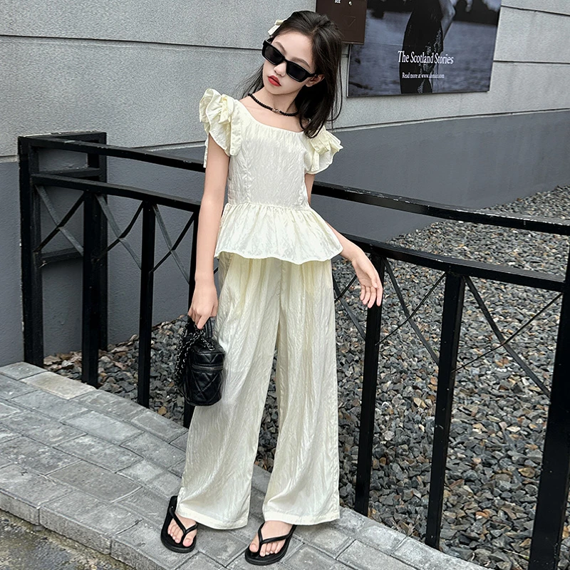 女童夏季2025休闲新款洋气夏装套装飞袖上衣中大童阔腿长裤两件套