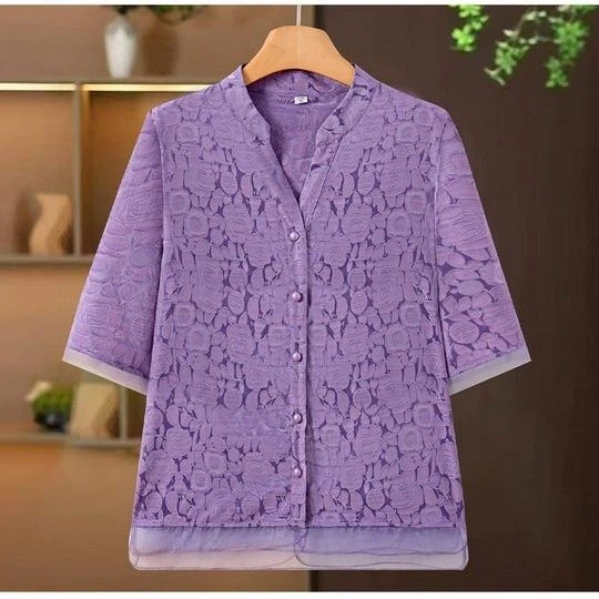 夏季休闲妈妈衬衫新款遮肚提花缎面V领小衫五分袖宽松百搭上衣女