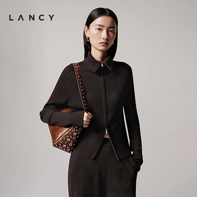 LANCY/朗姿2025秋新款羊毛双开头拉链翻领针织衫高级感气质开衫女