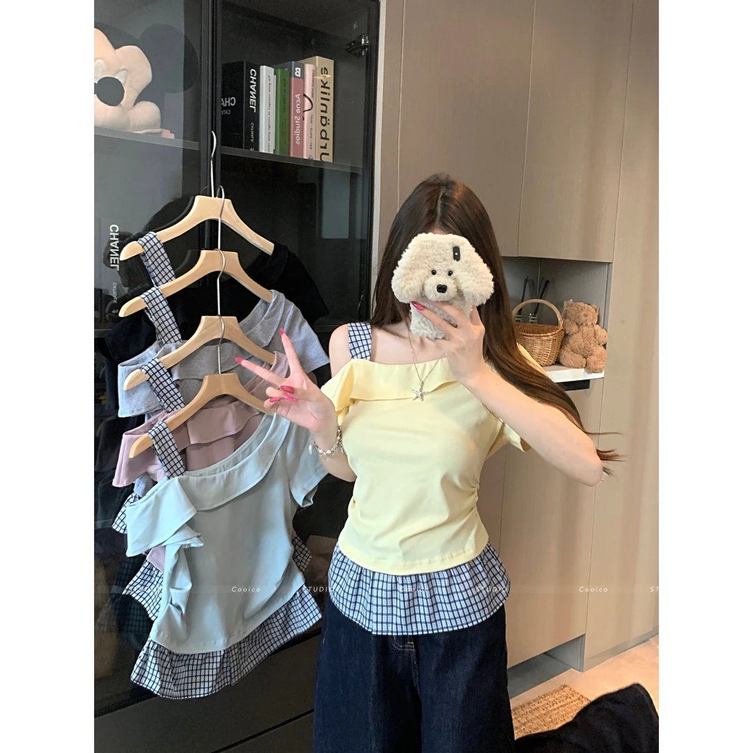 【优芭拉】胖mm欧若风2025夏季设计感不规则上衣修身显瘦短袖T恤女