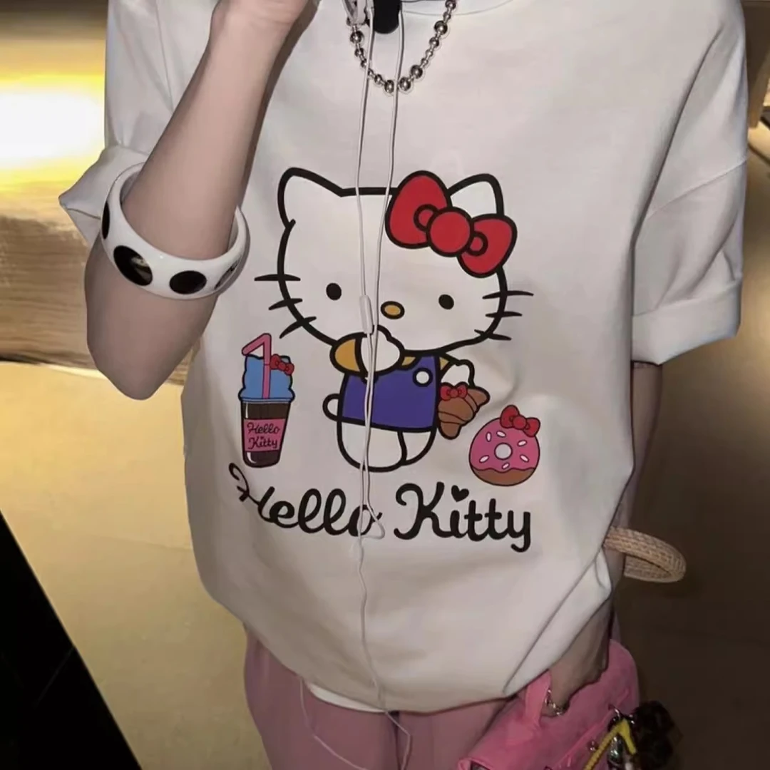 卡通Kitty圆领宽松短袖T恤女2025新款百搭慵懒感情侣款休闲风上衣