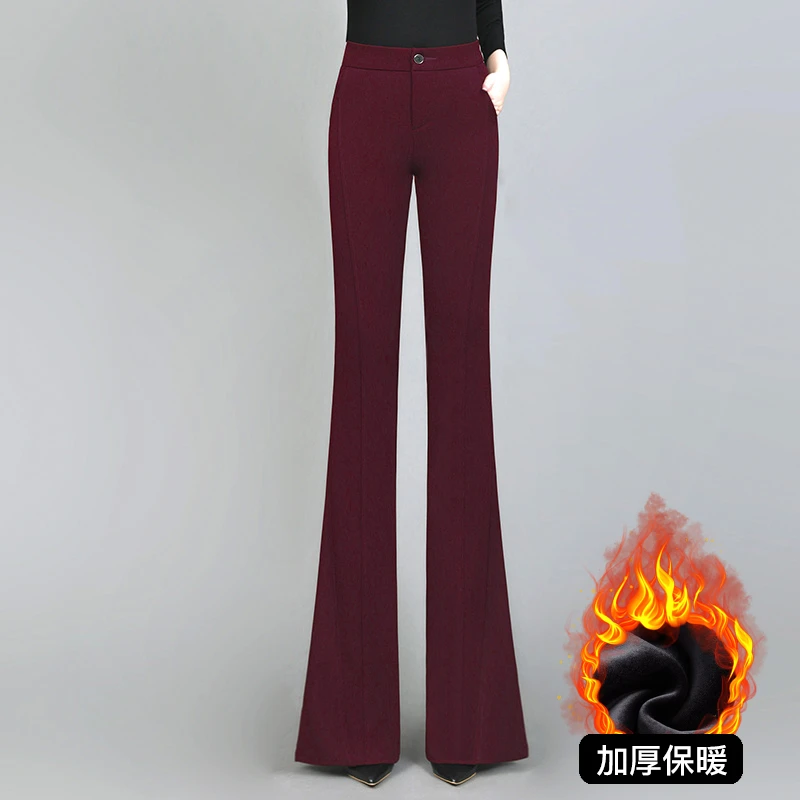 红色加绒修身微喇裤子女款秋冬今年流行爆款高腰气质喇叭裤西装裤