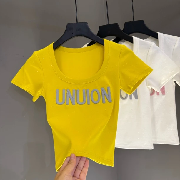 重工粉色字母刺绣t恤女夏季小众设计纯欲U领甜辣妹短款上衣163#