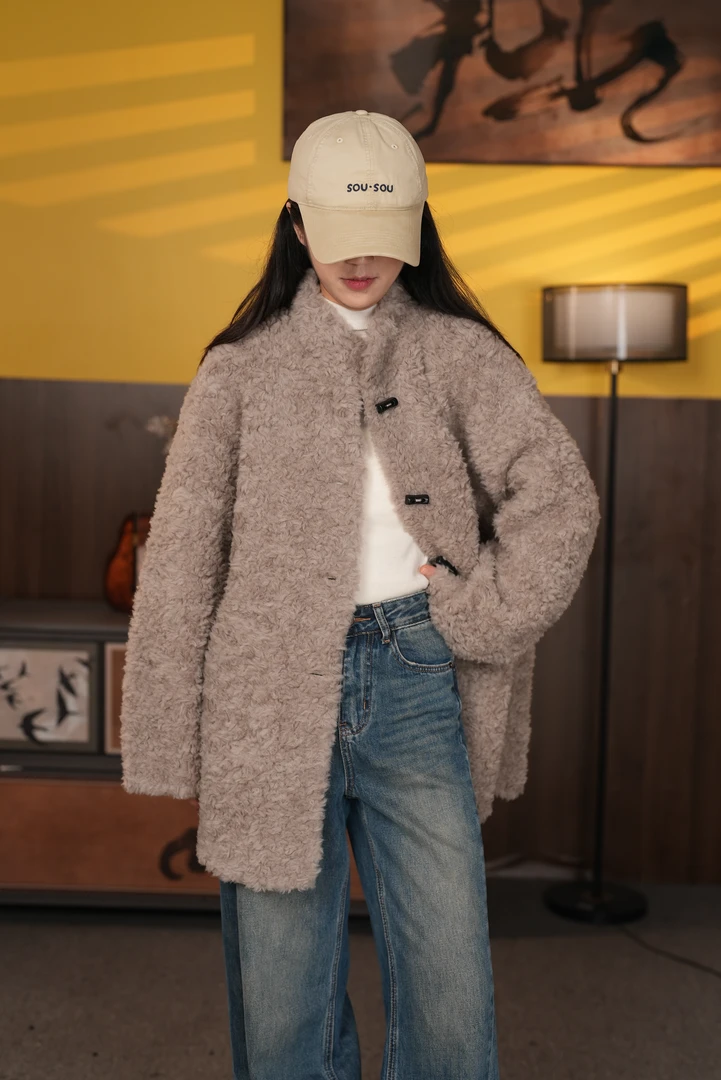 秋冬新款韩系休闲宽松100%纯羊毛羊剪绒颗粒中长款立领长袖女装