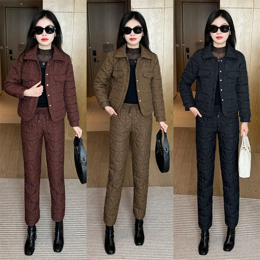 显瘦气质洋气时尚休闲格子棉衣套装冬季韩版独特加绒加厚