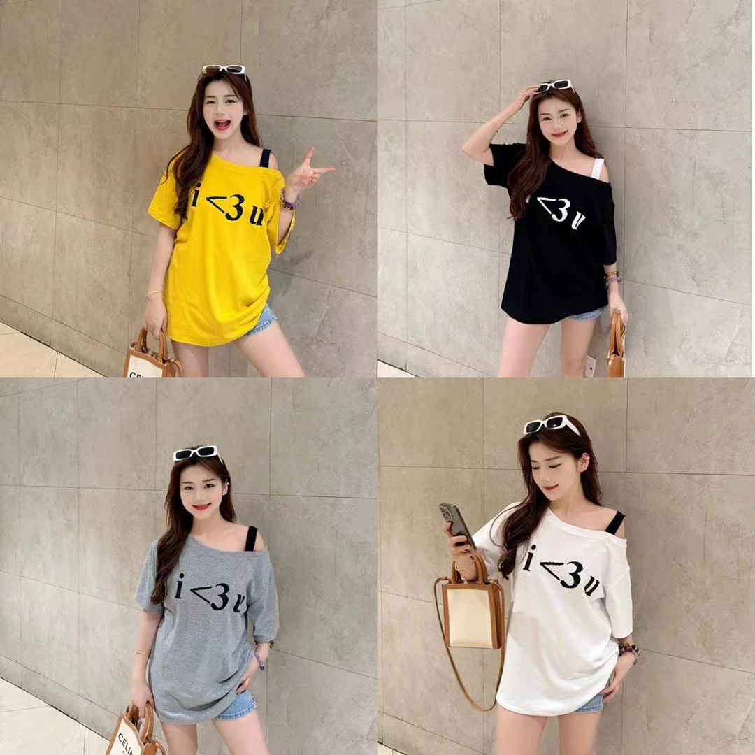 小个子韩系斜领露肩宽松字母印花T恤辣妹时尚百搭设计感上衣