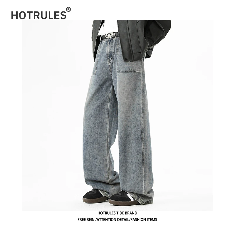HOTRULES美式复古水洗做旧牛仔裤百搭潮流宽松直筒休闲情侣裤子