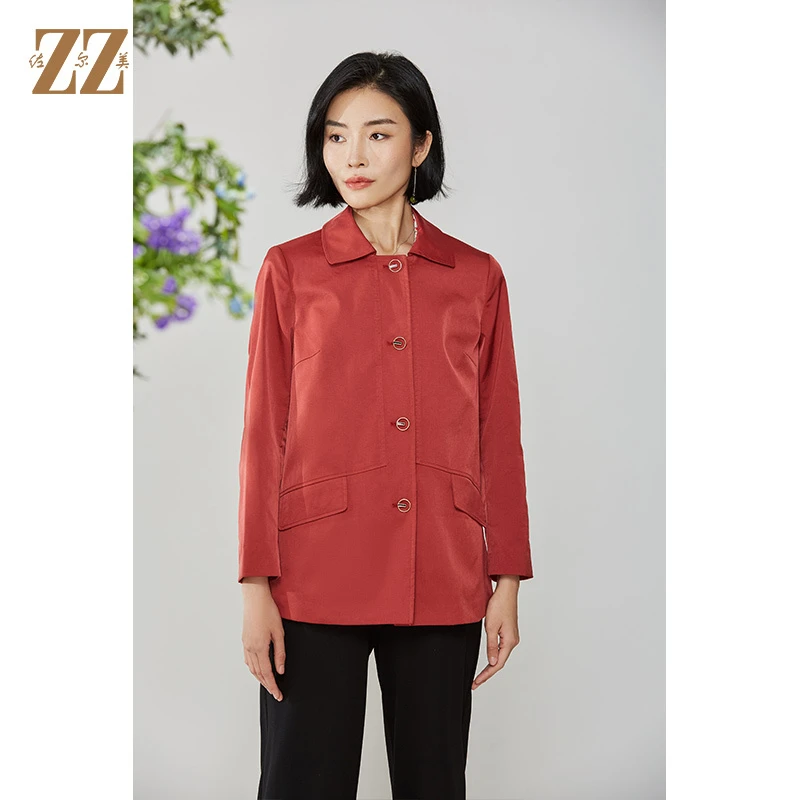 佐尔美2021秋季新款气质休闲中长款短款秋冬风衣红色外套E11FZ05