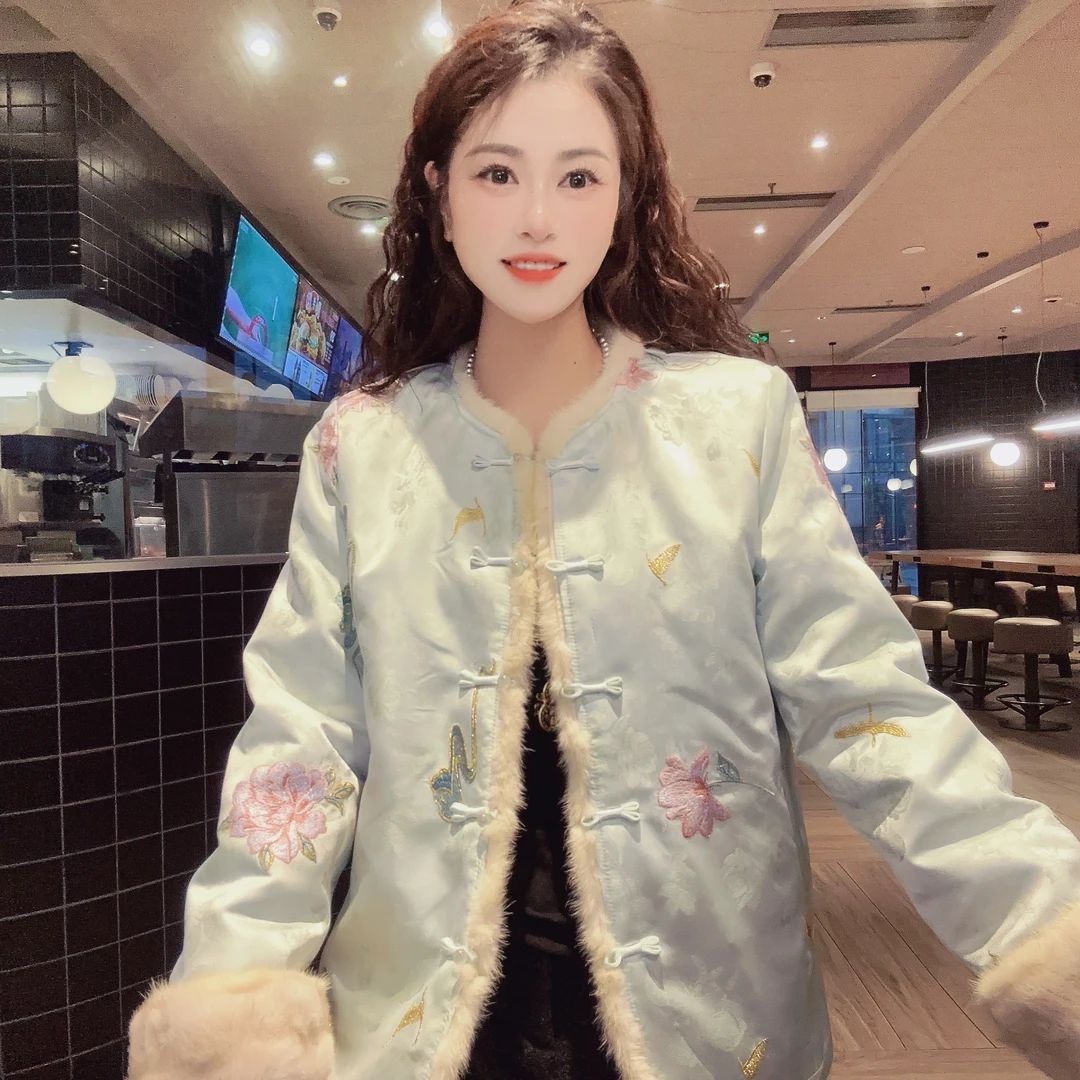 【苍翠欲滴】新中式气质复古圆领重工刺绣双面穿水滴水貂毛上衣KXJH